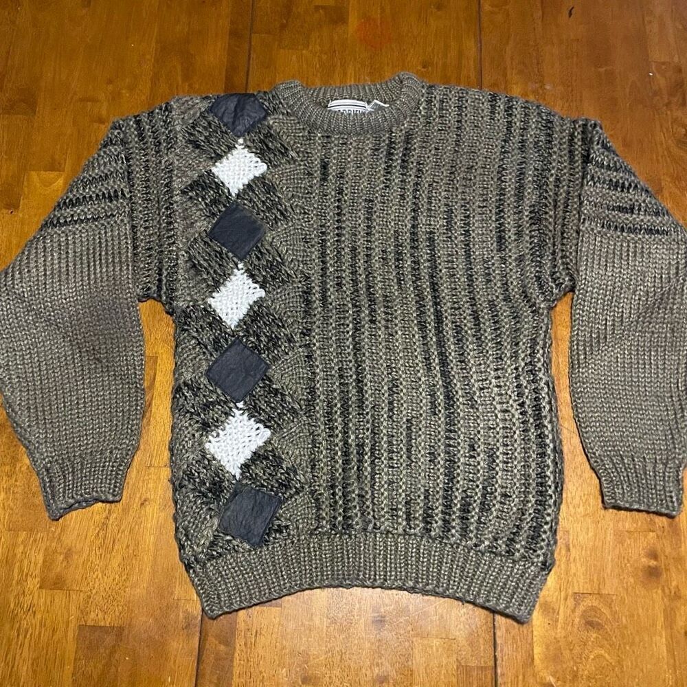 Vintage 90s Gabrielle Grandpa Sweater Leather Accents Chunky Knit Green Size L